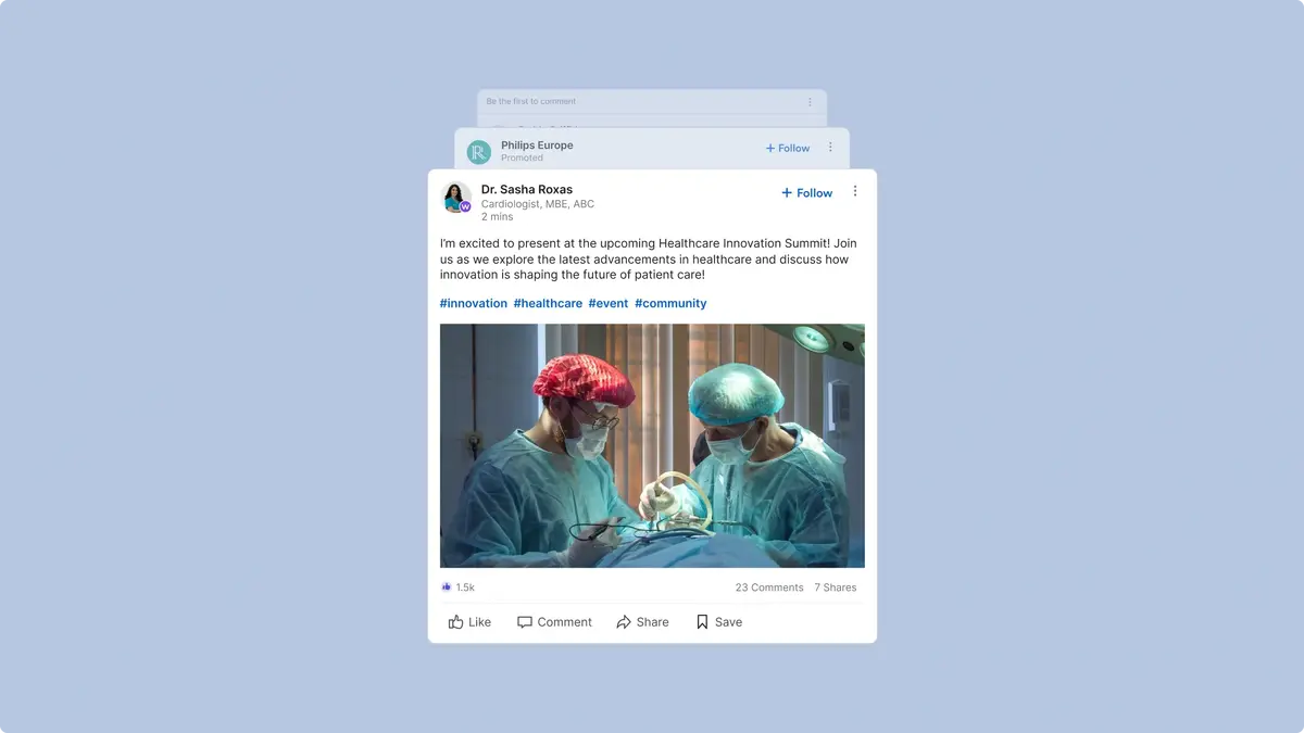 Wondr feed post from a cardiologist about a healthcare summit, with a surgery photo