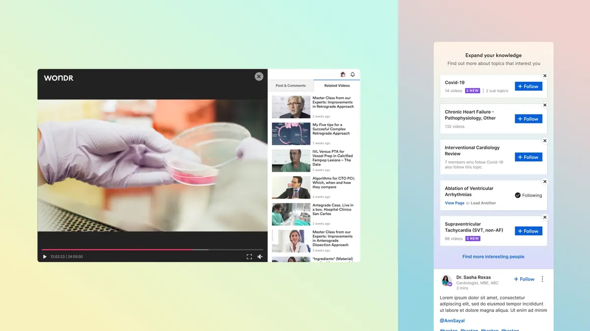 Wondr video player with related videos and a prompt to follow topics of interest