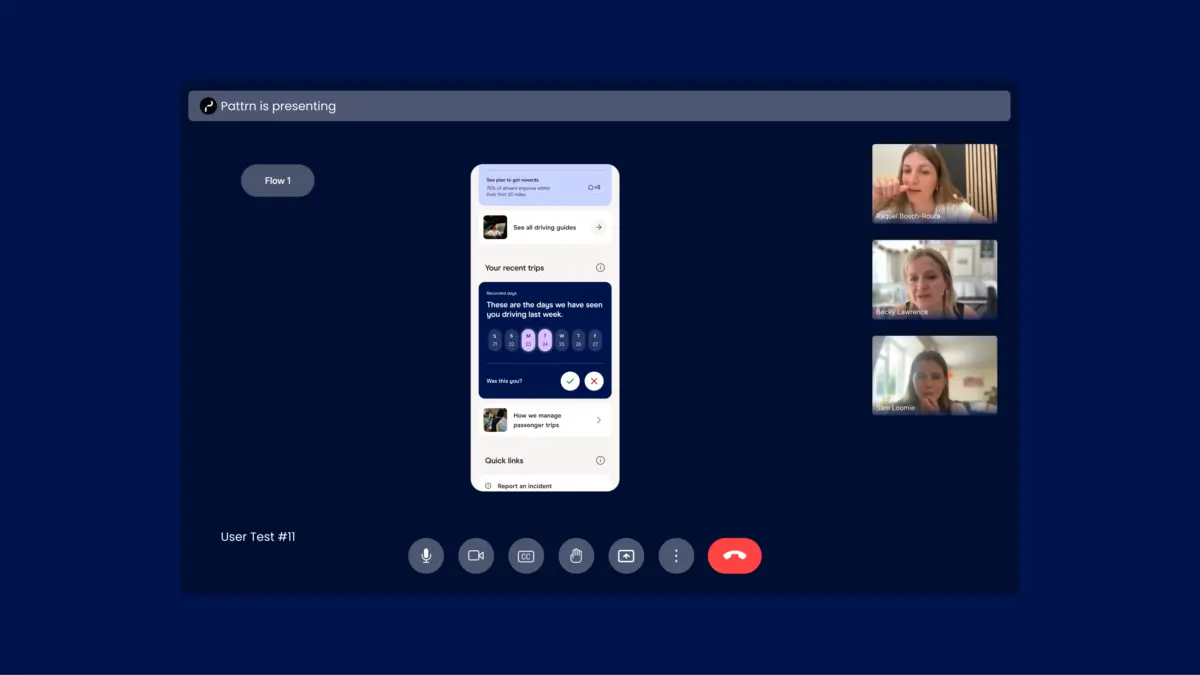 Remote user testing session, with participants on a video call reviewing an app prototype